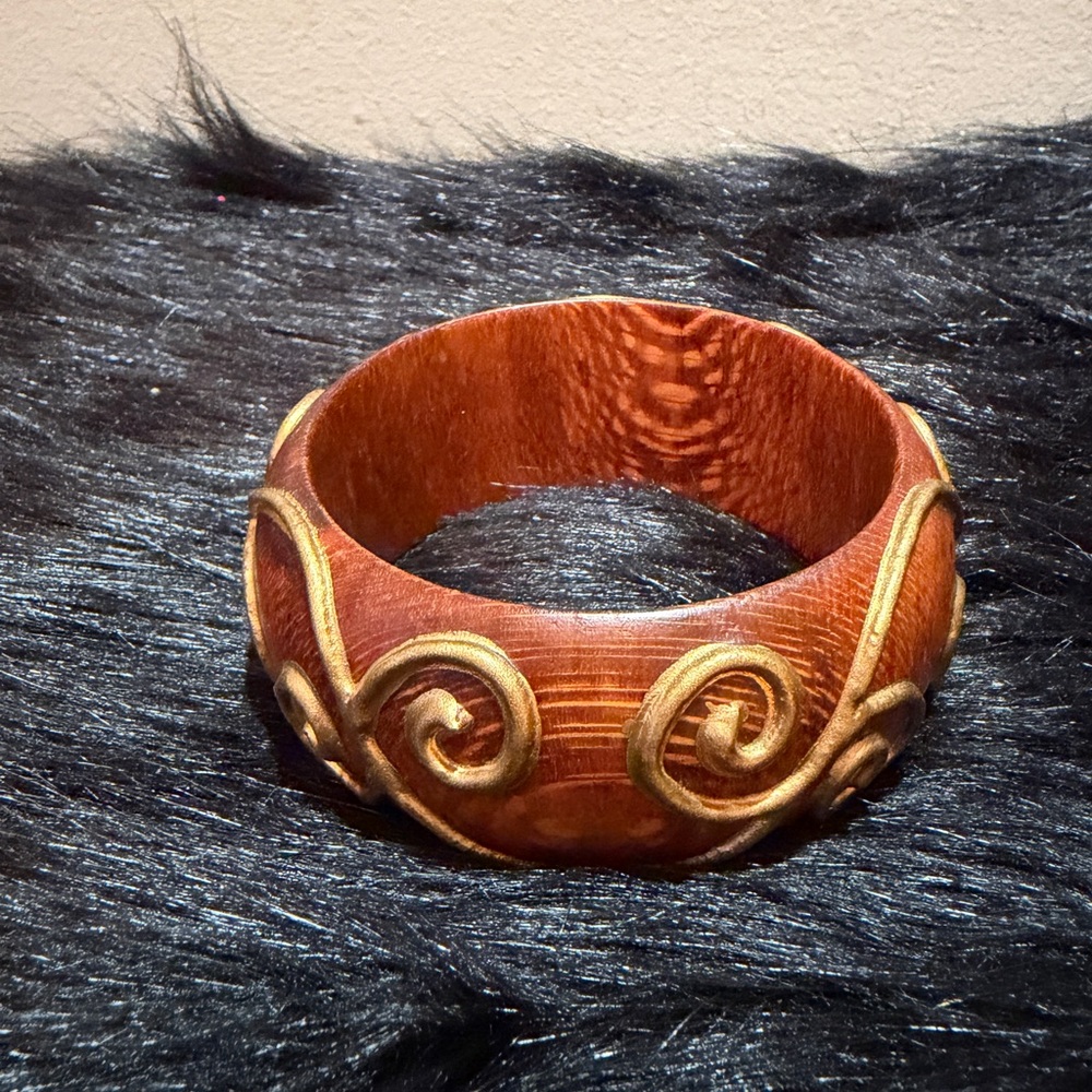 Vintage Faux Wood Bangle with Carved Scroll Design